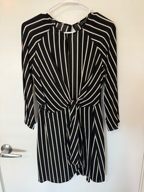 Tie-Front Mini Dress- Black and Beige Stripe